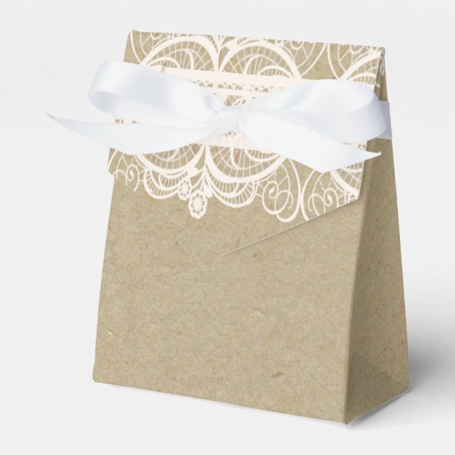 Brown Paper & White Lace Natural Rustic Wedding Favor Boxes (Front Side)