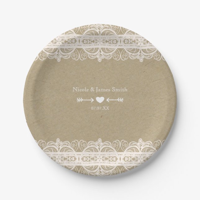 Brown Paper & White Lace Natural Rustic Wedding Paper Plates (Front)