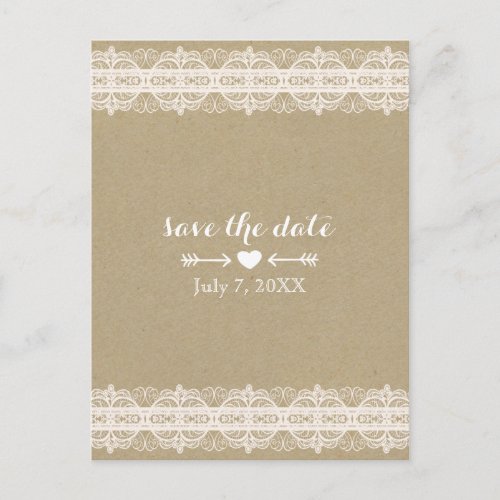 Brown Paper  White Lace Rustic Save The Date Announcement Postcard