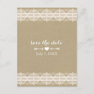 Brown Paper & White Lace Rustic Save The Date Announcement Postcard