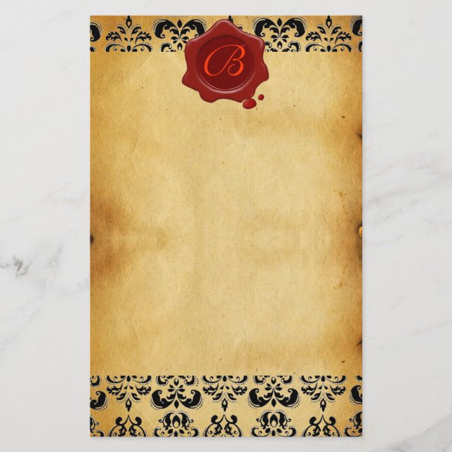BROWN PARCHMENT DAMASK , RED WAX SEAL MONOGRAM STATIONERY (Front)