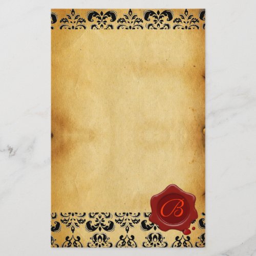 BROWN PARCHMENT DAMASK  RED WAX SEAL MONOGRAM STATIONERY