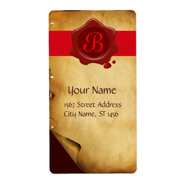 BROWN PARCHMENT , RED WAX SEAL MONOGRAM LABEL (Front)