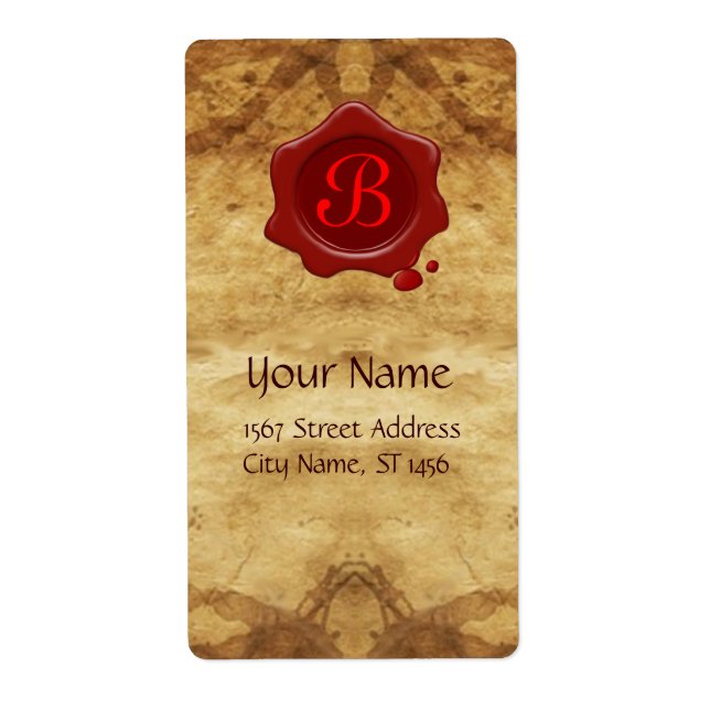 BROWN PARCHMENT ,RED WAX SEAL MONOGRAM LABEL (Front)