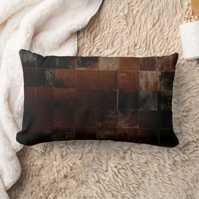 Brown Patchwork Cowhide Print Western Rustic Farm Lumbar Pillow (Blanket)