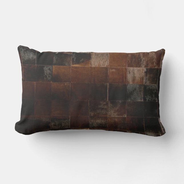 Brown Patchwork Cowhide Print Western Rustic Farm Lumbar Pillow (Front)