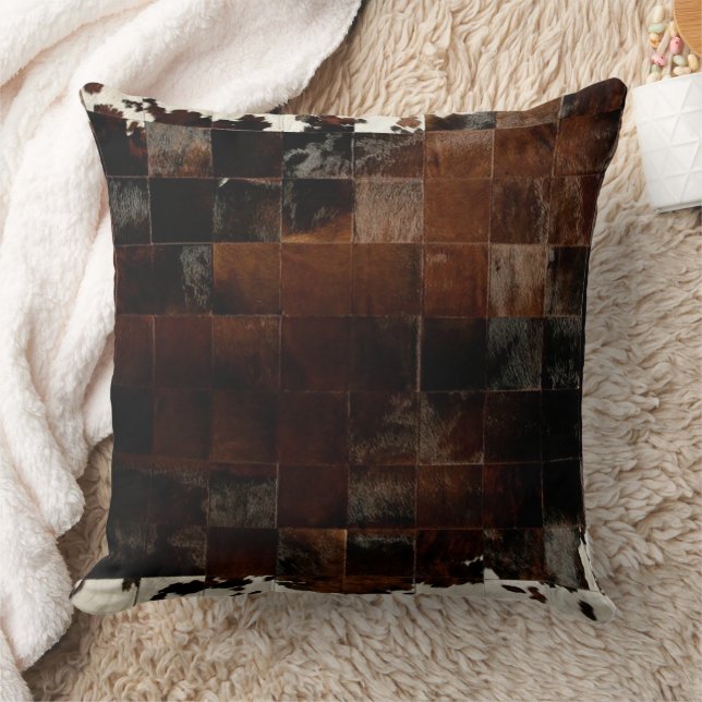 Brown Patchwork Cowhide Print Western Rustic Farm Throw Pillow (Blanket)