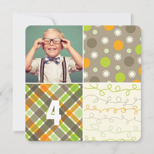 Brown Patchwork Pattern Squares Boy Photo Birthday Invitation