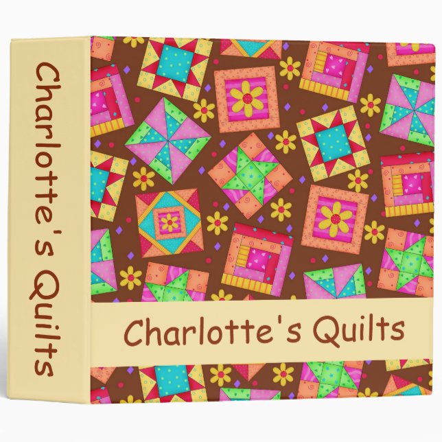 Brown Patchwork Quilt Name Personalized Album 3 Ring Binder (Front/Spine)