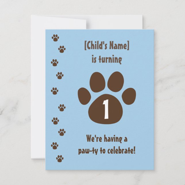 Brown Paw Print on Blue Birthday Invitation (Front)