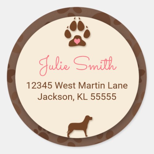 Brown Paw Print with Pink for Dog Lovers Address Classic Round Sticker