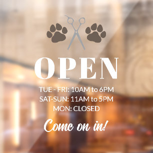 Brown Paws Scissors Open Hours Dog Grooming Window Cling
