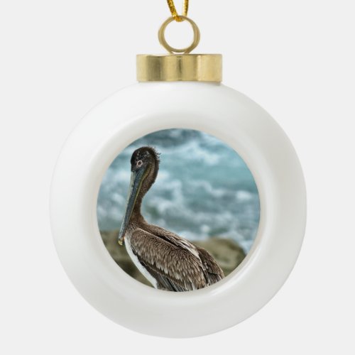 Brown Pelican Ceramic Ball Christmas Ornament