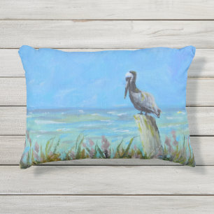 Brown Pelican on a Piling Coastal Art Outdoor Pillow
