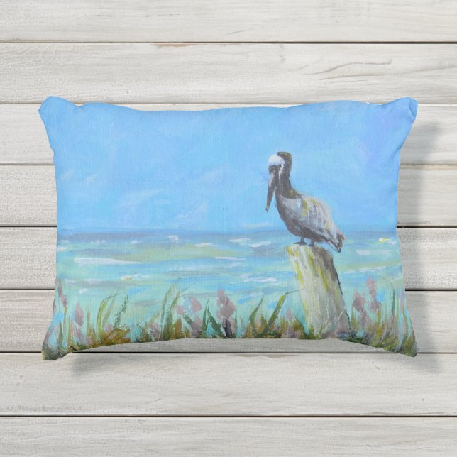 Brown Pelican on a Piling Coastal Art Outdoor Pillow (Front)