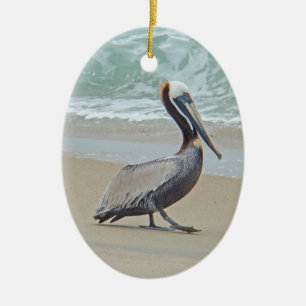 Brown Pelican on Beach Ceramic Ornament