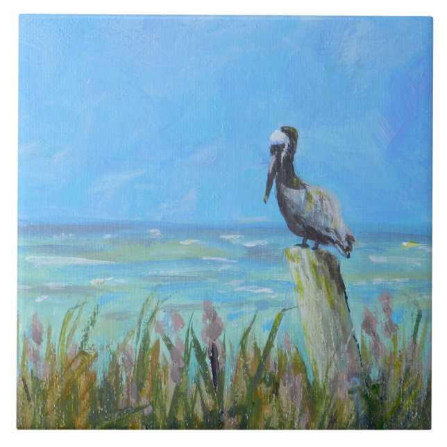 Brown Pelican Postal Coastal Art Ceramic Tile (Front)