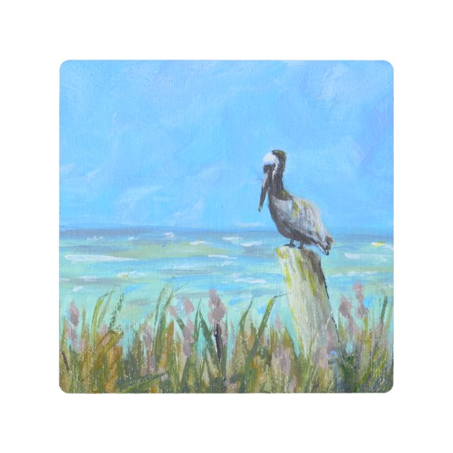 Brown Pelican Sitting on a Post Metal Wall Art (Front)