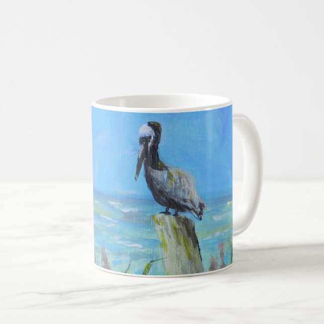Brown Pelican Takes Time Out Acrylic Bird Painting Coffee Mug (Front Right)