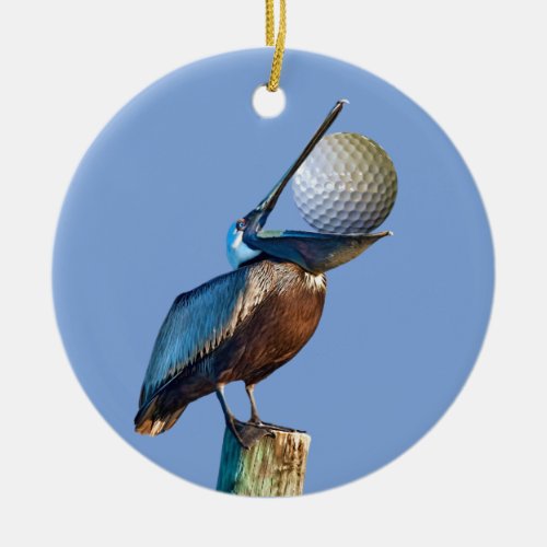 Brown Pelican with Golf Ball Ceramic Ornament
