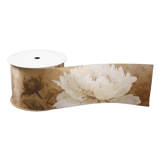 Brown Peonies Decoupage Collage Satin Ribbon (Spool)