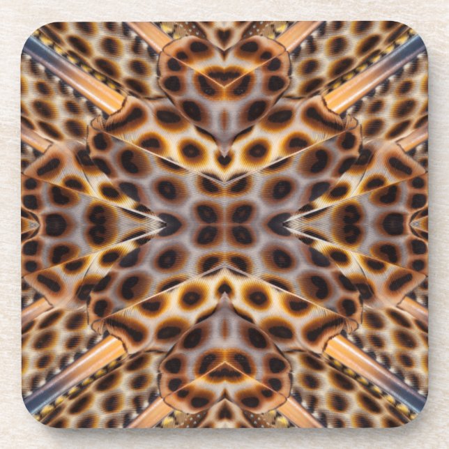 Brown pheasant feather kaleidoscope beverage coaster (Front)