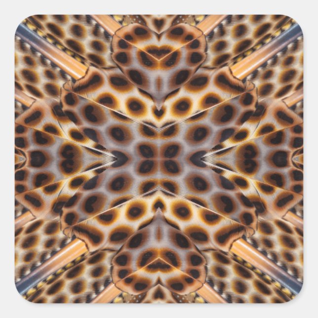 Brown pheasant feather kaleidoscope square sticker (Front)