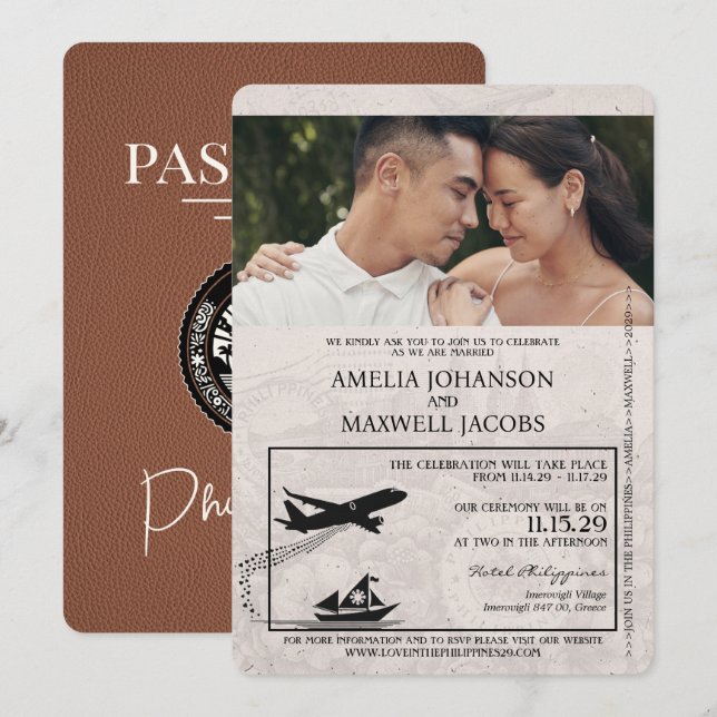 Brown Philippines Passport Wedding Invitation (Front/Back)