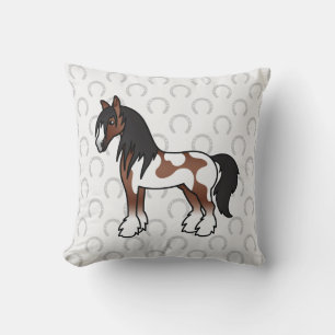 Brown Piebald Cartoon Gypsy Vanner Shire Horse Throw Pillow
