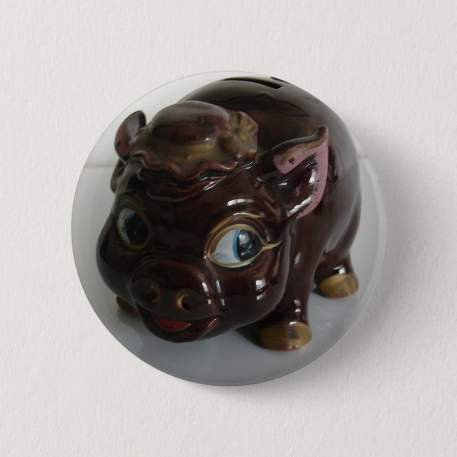 Brown Pig Piggy Bank Button (Front)