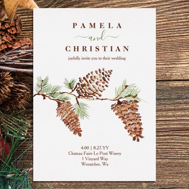 Brown Pinecones, Green Pine Needles Wedding Foil I Foil Invitation (rustic brown pink dusty terracotta winter wedding invitation watercolor pinecones pine needles plant)