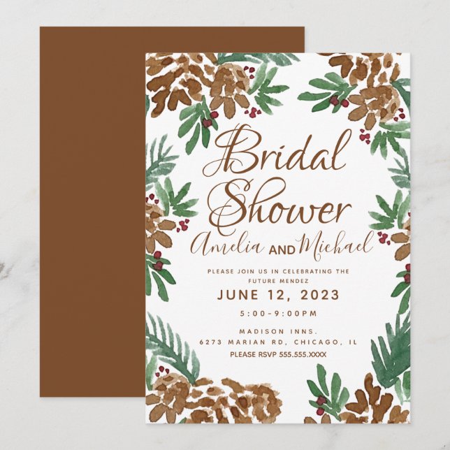 Brown Pinecones Watercolor Greenery Bridal Shower Invitation (Front/Back)