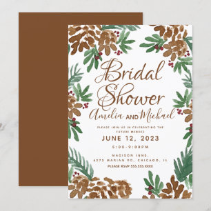 Brown Pinecones Watercolor Greenery Bridal Shower Invitation
