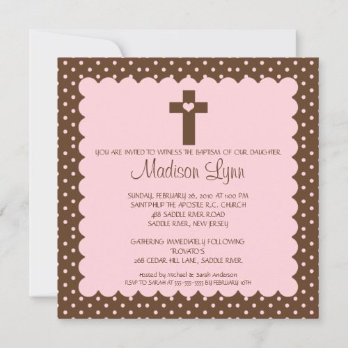 Brown &amp; Pink Baby Girl Baptism Inviation Custom Invite