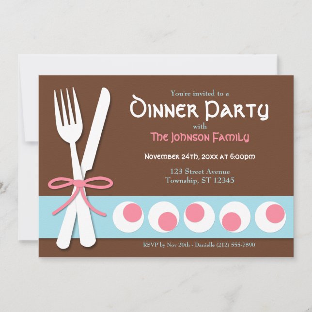 Brown Pink & Blue - Fork & Knife Dinner Invitation (Front)