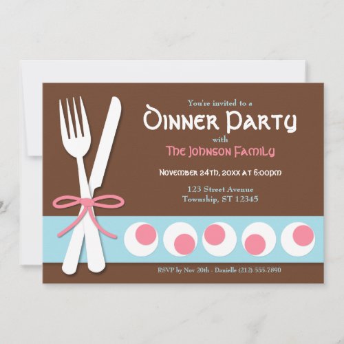 Brown Pink &amp; Blue - Fork &amp; Knife Dinner Invitation