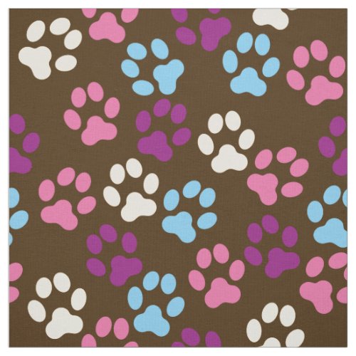 Brown Pink Blue Plum Dog Paw Prints Pattern Fabric