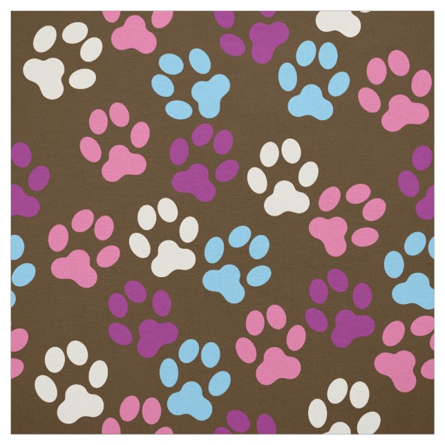 Brown Pink Blue Plum Dog Paw Prints Pattern Fabric (Swatch)