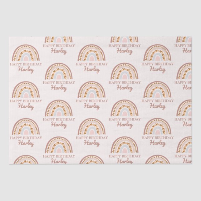 Brown Pink Boho Rainbow Custom Name Birthday Gift Tissue Paper (Front)