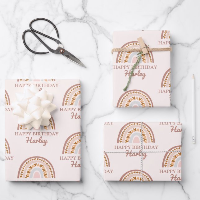 Brown Pink Boho Rainbow Custom Name Birthday Gift Wrapping Paper Sheets (Front)
