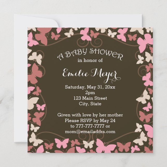 Brown Pink Butterflies Baby Shower Invitation (Front)