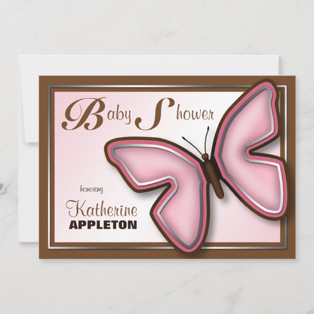 Brown & Pink Butterfly Baby Shower Invitations (Front)