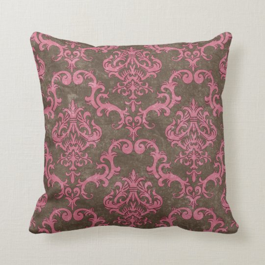 Brown & Pink Damask Decorative Throw Pillow