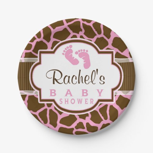 Brown Pink Giraffe Animal Print Baby Shower Paper Plates