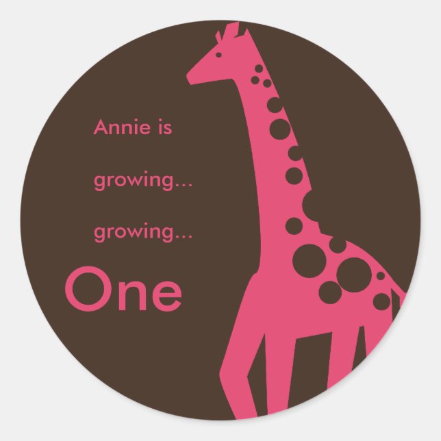 Brown & Pink Giraffe Birthday Classic Round Sticker (Front)