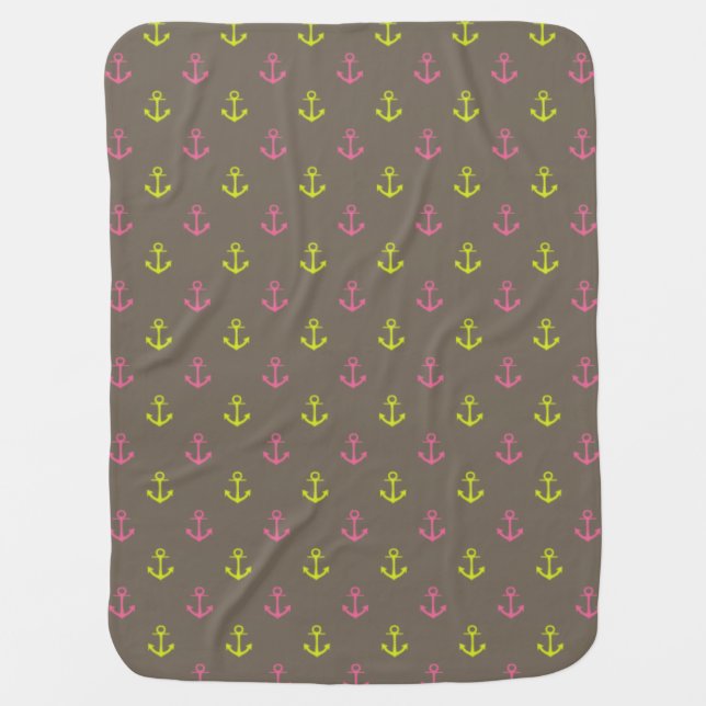 Brown, Pink Green Nautical Anchors Pattern Baby Blanket (Front)