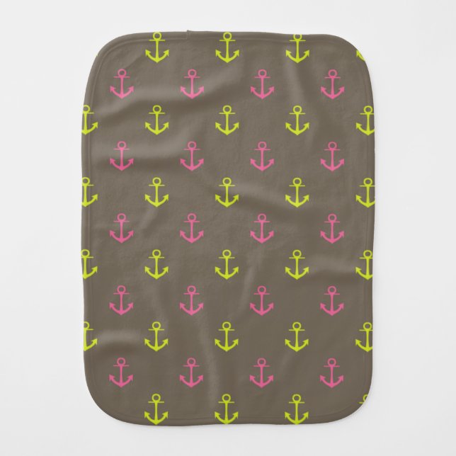 Brown, Pink Green Nautical Anchors Pattern Burp Cloth (Front)