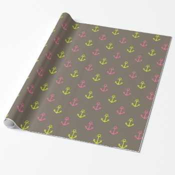 Brown  Pink Green Nautical Anchors Pattern Wrapping Paper by VintageDesignsShop at Zazzle