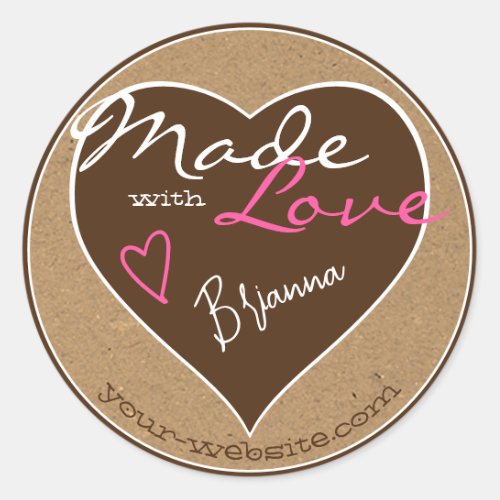 Brown Pink Kraft Paper Made with Love Heart Shape Classic Round Sticker