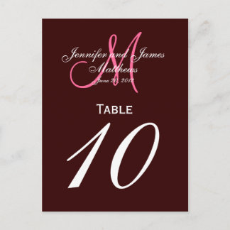 Brown Pink Monogram Wedding Table Number Cards